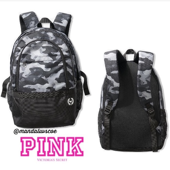 PINK Victoria's Secret Handbags - 💕VS PINK BLACK GREY CAMO LOGO COLLEGIATE BACKPACK